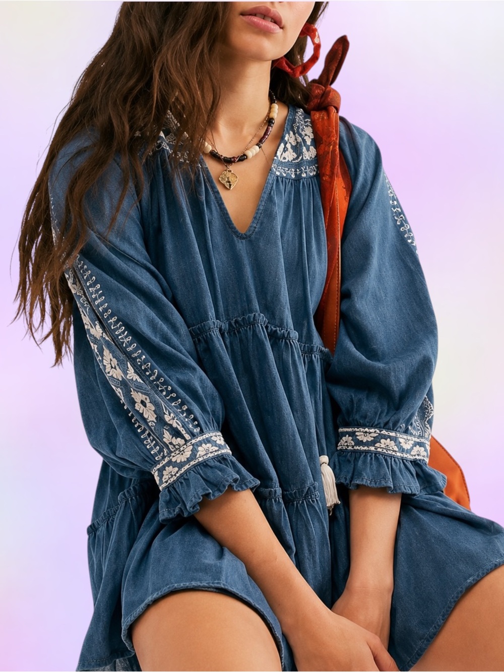Free People Teal Dreamweaver Embroidered Flowy Tunic Top / Dress - Sz Large EUC - Picture 2 of 11